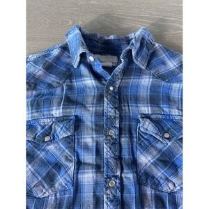 Wrangler Wrancher Western Plaid Flannel Shirt Mens Large Blue Cowboy